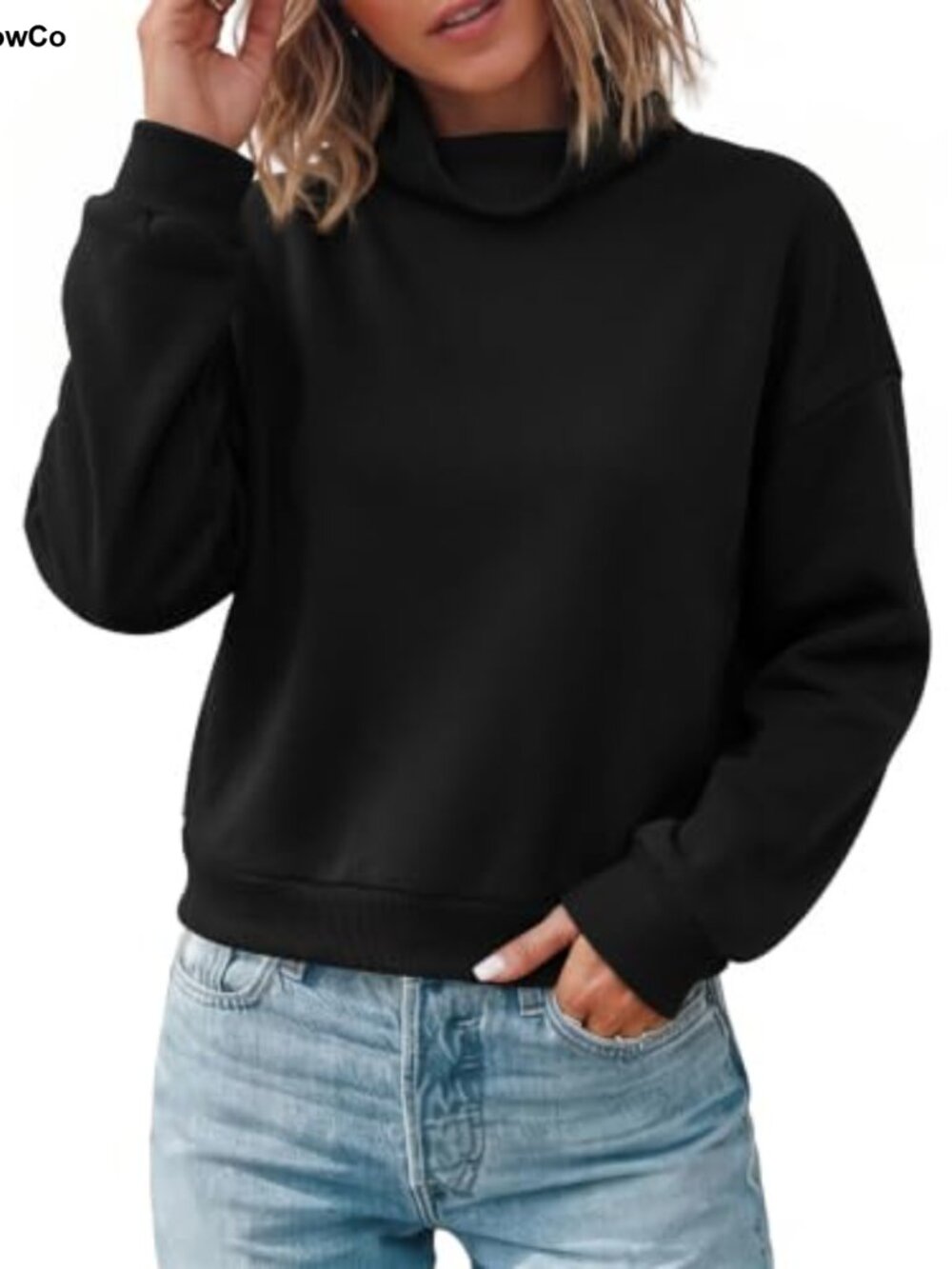 Women's Cropped Fleece Sweatshirt Mock Turtleneck Pullover